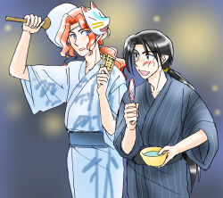 2boys black_hair bowl collarbone cousins elf eyebrows_hidden_by_hair eyes_visible_through_hair fingon fox_mask height_difference holding holding_bowl holding_mirror japanese_clothes long_hair looking_at_another maedhros male_focus mask mask_on_head merethion mirror multiple_boys open_mouth parted_bangs pointy_ears ponytail red_hair robe simple_background the_silmarillion tolkien&#039;s_legendarium