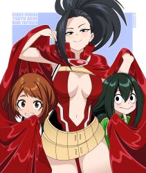 3girls absurdres asui_tsuyu black_bodysuit black_eyes black_hair blue_background blush_stickers bodysuit boku_no_hero_academia breasts breasts_apart brown_eyes brown_hair cape cape_hold center_opening cleavage closed_mouth english_text green_bodysuit green_hair grin hair_pulled_back high_ponytail highres large_breasts leotard long_hair looking_at_viewer matching_hair/eyes medium_hair multiple_girls multiple_views navel nico-neko parted_lips ponytail red_cape red_leotard short_hair sidelocks smile smug teeth two-tone_bodysuit uraraka_ochako white_bodysuit yaoyorozu_momo