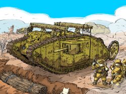 Rule 34 | battlefield, bolt action, brodie helmet, cannon, caterpillar tracks, combat helmet, gun, handgun, hat, helmet, highres, holding, holding gun, holding weapon, lee-enfield, mark v tank, original, peaked cap, revolver, rifle, trench, weapon, webley revolver, yabarn