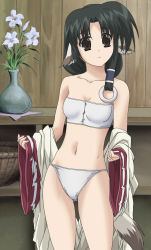 1girl animal_ears anime_screenshot bare_shoulders brown_eyes brown_hair dog_ears eruruu female_focus flower highres midriff nakamura_kazuhisa navel open_clothes open_robe robe solo stitched tail thighs third-party_edit undressing utawarerumono