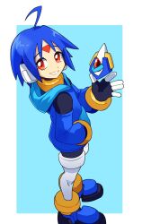 Rule 34 | ahoge, aqua background, biometal, black bodysuit, blue footwear, blue hair, blue hoodie, bodysuit, bodysuit under clothes, facial mark, floating, floating object, forehead mark, from above, from side, hand in pocket, highres, hood, hoodie, looking at viewer, male focus, mega man (series), mega man zx, mega man zx advent, model l (mega man), omeehayo, red eyes, robot ears, shoes, short hair, simple background, thetis (mega man), white background