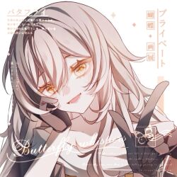 1girl :d black_gloves chinese_commentary commentary_request commission double-parted_bangs gloves grey_hair hair_between_eyes hand_on_own_cheek hand_on_own_face head_rest head_tilt honkai:_star_rail honkai_(series) index_finger_raised light_blush long_hair looking_at_viewer open_mouth pointing pointing_at_viewer portrait simple_background smile solo stelle_(honkai:_star_rail) tong_tian_cheese too_many_watermarks trailblazer_(honkai:_star_rail) watermark white_background yellow_eyes