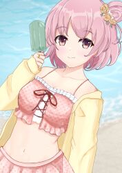 1girl arm_behind_back assault_lily bare_shoulders beach bikini bikini_skirt blurry blurry_background blush breasts cleavage closed_mouth collarbone commentary cross-laced_bikini cross-laced_clothes day ekakisyun flower food frilled_bikini frills groin hair_bun hair_flower hair_ornament hand_up highres hitotsuyanagi_riri holding holding_food holding_popsicle jacket jewelry long_sleeves looking_at_viewer medium_breasts navel off_shoulder official_alternate_costume official_alternate_hairstyle open_clothes open_jacket orange_flower orange_rose outdoors pink_bikini pink_eyes pink_hair polka_dot polka_dot_bikini popsicle ring rose short_hair single_hair_bun single_side_bun sleeves_past_wrists smile solo standing stomach sweat swimsuit swimsuit_cover-up upper_body water yellow_jacket