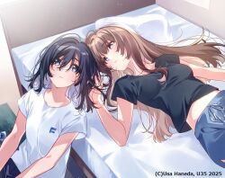 2girls black_shirt blue_eyes blue_hair blue_pants breasts brown_hair commentary_request hair_between_eyes hand_in_another&#039;s_hair long_hair lying medium_breasts medium_hair midriff miyagi_shiori multiple_girls navel official_art on_bed open_mouth pants pillow purple_eyes sendai_hazuki shirt shuuniichido_classmate_wo_kau_hanashi u35 white_shirt yuri