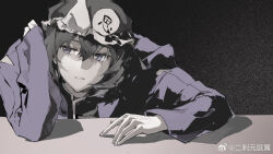 1other androgynous arm_on_table black_background black_hair black_shirt chinese_commentary clothing_cutout commentary_request corallo elbow_on_table expressionless eyelashes fingernails frilled_headwear grey_hat hair_between_eyes hand_on_own_shoulder hat highres hood hood_down hooded_jacket jacket leaning_forward len&#039;en long_sleeves looking_at_viewer mob_cap open_clothes open_jacket other_focus parted_lips purple_eyes purple_jacket shadow shirt shitodo_kuroji short_hair shoulder_cutout solo triangular_headpiece upper_body watermark weibo_watermark
