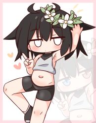 Rule 34 | 1girl, arm up, bare arms, bare shoulders, bike shorts, black hair, black shoes, black shorts, blank eyes, blue eyes, blush, border, chibi, closed mouth, crop top, flower, hair between eyes, hair flower, hair ornament, hana kazari, heart, heterochromia, highres, jitome, multiple views, navel, original, pink border, red eyes, shoes, shorts, v, white background, white flower, zoom layer