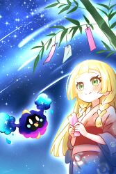 1girl alternate_costume blonde_hair blush braid closed_mouth commentary_request cosmog eyelashes gen_7_pokemon green_eyes happy highres holding japanese_clothes kimono legendary_pokemon lillie_(pokemon) long_hair night nintendo outdoors pink_kimono pokemon pokemon_(creature) pokemon_sm red_sash sash shirokumaru_(yafm7388) sky smile sparkle split_mouth star_(sky) twin_braids yukata