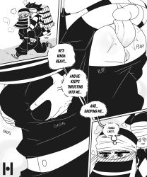 1boy 1girl absurdres anal ass blush breasts clothed_sex clothes english_text grabbing_another&#039;s_breast grabbing_own_breast groping hetero highres huge_penis kakushi_(kimetsu_no_yaiba) kamado_tanjirou kimetsu_no_yaiba looking_at_viewer mask medium_breasts monochrome penis pokkopit pussy sex sex_from_behind speech_bubble testicles translation_request veins veiny_penis