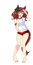 1girl animal_ears barefoot brown_eyes brown_hair buruma ear_covers full_body gym_shirt gym_uniform highres horse_ears horse_girl horse_tail looking_at_viewer medium_hair multicolored_hair nice_nature_(umamusume) open_mouth ponzu_rui red_buruma shirt simple_background solo streaked_hair t-shirt tail twintails umamusume white_background white_shirt