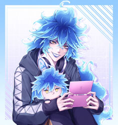1boy blue_background blue_eyeshadow blue_hair blue_lips border character_doll commentary doll english_commentary eyeshadow fiery_hair grid_background grin handheld_game_console headphones headphones_around_neck highres holding holding_handheld_game_console hood hooded_jacket idia_shroud jacket long_hair lycoristyx makeup male_focus nintendo_ds patterned_background sharp_teeth sitting smile solo teeth tsum-tsum twisted_wonderland very_long_hair yellow_eyes