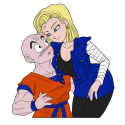 1boy 1girl android_18 bald bald_male black_eyes blonde_hair blue_eyes blush breasts cleavage couple dragon_ball happy husband_and_wife kiss kuririn lipstick_mark muscular muscular_male smile surprised thick_thighs thighs white_background