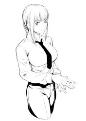 1girl absurdres braid breasts chainsaw_man closed_mouth collared_shirt cropped_legs dyun fingernails greyscale highres large_breasts long_sleeves looking_at_viewer makima_(chainsaw_man) monochrome necktie own_hands_together pants ringed_eyes shirt simple_background smile solo standing white_background wing_collar