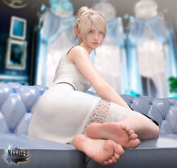 1girl 3d absurdres artist_name bare_shoulders barefoot blonde_hair blurry blurry_background braid breasts couch dress feet final_fantasy final_fantasy_xv foot_focus foreshortening full_body grey_eyes highres indoors lace_trim legs_together long_hair looking_at_viewer lunafreya_nox_fleuret medium_breasts necdaz91 on_couch parted_lips sitting sleeveless sleeveless_dress soles solo toenails toes white_dress yokozuwari