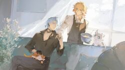 Rule 34 | 2boys, absurdres, antenna hair, apron, armlet, black apron, black choker, black gloves, black pants, black shirt, blonde hair, blue eyes, bowl, braid, chimera (honkai: star rail), chinese commentary, choker, collared shirt, commentary request, crossed legs, facial tattoo, gloves, gradient hair, hair between eyes, half gloves, hand on another&#039;s shoulder, highres, holding, holding bowl, honkai: star rail, honkai (series), jewelry, looking at another, male focus, medium hair, multicolored hair, multiple boys, mydei (delicacies) (honkai: star rail), mydei (honkai: star rail), official alternate costume, pants, parted bangs, pectoral cleavage, pectorals, phainon (fashion) (honkai: star rail), phainon (honkai: star rail), red hair, red tattoo, shanyuyushan, shirt, short hair, side braid, sitting, tattoo, white hair, white shirt, yellow eyes