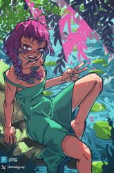 1girl absurdres areola_slip barefoot black_bow blush bocchi_the_rock! bow braid braided_ponytail collarbone dress flat_chest from_above green_dress grey_nails hair_bow hand_rest highres hiroi_kikuri knee_up leaf light_rays lily_pad long_hair looking_at_viewer open_mouth pink_leaf purple_eyes purple_hair sleeveless sleeveless_dress solo teeth turning_head v wanshiguai water wet