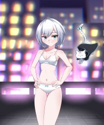 1girl ars_almal belly blurry blurry_background blush blush_stickers bra breasts city city_lights cityscape commission hand_on_own_hip highres knee_up knees_up looking_at_viewer navel nijisanji outdoors panties rooftop solo standing underwear underwear_only virtual_youtuber white_bra white_panties