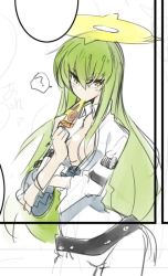 10mo 1girl ? belt bodysuit breasts c.c. cleavage code_geass cosplay female_focus food food_in_mouth green_hair guilty_gear guilty_gear_xrd halo jack-o&#039;_valentine long_hair pizza simple_background sketch solo spiked_halo yellow_eyes