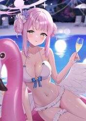 Rule 34 | 1girl, angel wings, arm support, bare shoulders, beach chair, bikini, blue archive, blue bow, blurry, blurry background, blush, bow, breasts, cleavage, closed mouth, collarbone, commentary request, cross, cup, double bun, drinking glass, feathered wings, fingernails, flamingo raft, flower, frilled bikini, frills, glint, hair bun, hair flower, hair ornament, hair ribbon, halo, heart, highres, holding, holding cup, inflatable raft, large breasts, light particles, long hair, looking at viewer, low wings, mika (blue archive), mochiko (uyu omochi), navel, night, open mouth, outdoors, palm tree, parasol, pink hair, pink halo, pool, purple flower, ribbon, sitting, smile, solo, stomach, swimsuit, thigh strap, thighs, tree, umbrella, water, white bikini, white ribbon, white wings, wings, yellow eyes