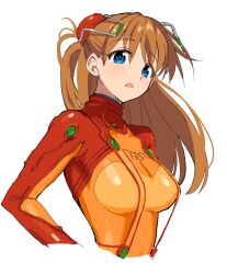 Rule 34 | 1girl, 4zw89qkqagggcf7, bodysuit, breasts, commentary, evangelion: 2.0 you can (not) advance, highres, interface headset (evangelion), long hair, mecha pilot suit, neon genesis evangelion, open mouth, plugsuit (evangelion), rebuild of evangelion, red bodysuit, red hair, simple background, solo, souryuu asuka langley, test plugsuit (evangelion), upper body, white background