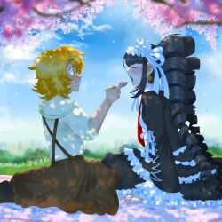 1boy 1girl absurdres black_hair black_jacket brown_hair celestia_ludenberg closed_eyes danganronpa:_trigger_happy_havoc danganronpa_(series) day earrings feeding frilled_jacket frilled_skirt frills fujisaki_chihiro grass highres holding holding_spoon jacket jewelry layered_skirt long_hair long_sleeves looking_at_another open_mouth outdoors shirt_tucked_in short_hair sitting skirt smile spoon trap tree twinklelitchii twintails