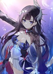 Rule 34 | 1girl, black hair, blue eyes, breasts, cleavage, closed mouth, corrupted twitter file, earrings, hair ornament, hashtag-only commentary, highres, honkai: star rail, honkai (series), hysilens (honkai: star rail), jewelry, kom376986, large breasts, long hair, looking at viewer, necklace, pearl necklace, shrug (clothing), solo, thighs, underwater, very long hair