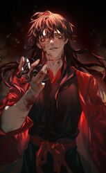 Rule 34 | 1boy, absurdres, bags under eyes, bandaged arm, bandages, black background, black hair, black hanfu, blood, blood on arm, blood on face, blood on hands, blood on neck, bloody bandages, brown hair, chinese clothes, chinese commentary, coat, creature, dao gui yi xian, embers, floating hair, hair between eyes, hand up, hanfu, highres, holding, holding creature, li huowang, li sui (tentacles), light particles, long hair, long sleeves, looking at viewer, male focus, parted lips, red coat, red eyes, red sash, sash, scar, scar on neck, shaoyewojingjiazhangling, smile, solo, teeth, tentacles, upper body, wide sleeves