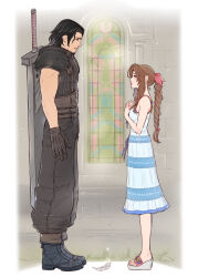 Rule 34 | 1boy, 1girl, aerith gainsborough, angeal hewley, armor, baggy pants, bare arms, bare shoulders, beard, belt, black boots, black gloves, black hair, black pants, boots, braid, braided ponytail, breasts, brown belt, brown hair, buster sword, chinstrap beard, church, crisis core final fantasy vii, crylin6, dress, facial hair, feathers, final fantasy, final fantasy vii, full body, furrowed brow, gloves, hair ribbon, hands on own chest, highres, long hair, looking at another, medium breasts, multiple belts, pants, parted bangs, parted lips, pauldrons, pink ribbon, ribbon, sandals, shoulder armor, sidelocks, single braid, sleeveless, sleeveless dress, sleeveless turtleneck, stained glass, striped clothes, striped dress, sundress, suspenders, turtleneck, weapon, weapon on back, wedge heels, white dress, white feathers
