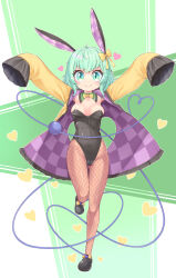 1girl absurdres animal_ears aqua_eyes aqua_hair black_footwear black_leotard breasts closed_mouth detached_collar fake_animal_ears fishnet_pantyhose fishnets full_body harunoha highres komeiji_koishi leotard long_sleeves looking_at_viewer medium_breasts no_nose pantyhose playboy_bunny sleeves_past_wrists smile solo standing standing_on_one_leg strapless strapless_leotard touhou