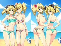 2girls ass ball beach beachball bikini blonde_hair blue_eyes bracelet butt_crack collage color_connection drill_hair female_focus flat_chest flower flower_bracelet hair_color_connection hair_flower hair_ornament hand_on_own_hip high_school_dxd highres jewelry lindaroze mittelt multiple_girls navel ravel_phenex ribbon side-tie_bikini_bottom swimsuit trait_connection two-piece