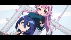 Rule 34 | 1boy, 2girls, animated, aoi haruto (grisaia), aqua eyes, blonde hair, blue hair, blush stickers, breast rest, breasts, breasts on head, grabbing own breast, grey eyes, grisaia (series), grisaia phantom trigger, hairband, heart, hetero, highres, ikoma yuuki, indoors, kujirase christina sakurako, large breasts, long hair, multiple girls, multitasking, pink eyes, pink hair, short hair, sitting, sound, tagme, video, writing