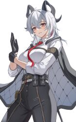 Rule 34 | 1girl, armband, belt, belt pouch, black gloves, black pants, breasts, button gap, cape, collared shirt, commentary request, cowboy shot, curled horns, gloves, grin, hair between eyes, highres, horns, korean commentary, large breasts, long hair, long sleeves, looking at viewer, multicolored hair, necktie, pants, pouch, red eyes, red necktie, senkou noah, shirt, simple background, smile, solo, streaked hair, white background, white hair, white shirt, wuthering waves, zani (wuthering waves)