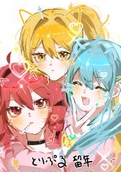 3girls akita_neru aqua_hair blonde_hair cardigan closed_eyes corrupted_twitter_file drill_hair gyaru hatsune_miku highres kasane_teto kogal long_hair multiple_girls pink_cardigan purikura red_hair school_uniform side_ponytail simple_background sparkle supernewan888 triple_ryuunen twin_drills twintails utau v vocaloid white_background zako_(vocaloid)