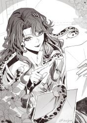 1girl :d dress eulyin_huan greyscale hands_up highres hissabeth holding holding_paper jacket long_hair monochrome open_mouth paper plant pointing reading reverse:1999 slit_pupils smile snake snake_on_head solo upper_body
