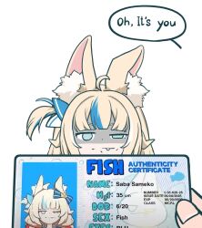 1girl 1other ahoge animal_ears blonde_hair blue_eyes blue_hair cat_ears closed_mouth ddas_di highres holding_id_card indie_virtual_youtuber long_hair looking_at_viewer low_twintails multicolored_hair one_side_up sameko_saba smile solo streaked_hair twintails very_long_hair virtual_youtuber