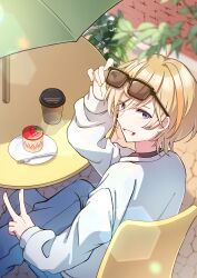 1boy absurdres adjusting_eyewear blonde_hair blurry blurry_foreground cake chair commentary_request crossed_legs cup disposable_coffee_cup disposable_cup eyewear_on_head food fork from_behind fura_kanato grin highres long_sleeves looking_back male_focus multicolored_hair nijisanji orange_hair outdoors plate purple_eyes short_hair sitting smile solo streaked_hair sunglasses table tsumurimai umbrella v virtual_youtuber