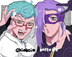 2boys :o adjusting_eyewear angry aqua_eyes aqua_hair asymmetrical_hair black_gloves blush character_name coat collared_coat curly_hair domino_mask earrings eyelashes fingerless_gloves ghiaccio glasses gloves gradient_background grey_background hair_over_one_eye hand_on_another&#039;s_shoulder hand_on_eyewear highres holding holding_test_tube jewelry jojo_no_kimyou_na_bouken long_hair looking_at_viewer male_focus mask matubaru_chan melone multiple_boys open_mouth outline purple_gloves purple_hair purple_mask red-framed_eyewear short_hair sketch sparkle star_(symbol) stud_earrings teeth test_tube v vento_aureo white_background white_coat white_outline