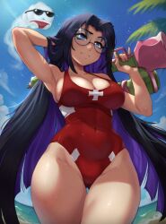 1girl arm_up armpits bare_arms bare_legs bare_shoulders beach black_hair blue_eyes blue_sky breasts character_request cleavage colored_inner_hair commentary copyright_request covered_navel cowboy_shot day english_commentary ghost glasses glint gluteal_fold groin hand_in_own_hair highres holding holding_water_gun large_breasts long_hair looking_at_viewer malberrybush multicolored_hair one-piece_swimsuit outdoors over_shoulder palm_tree purple_hair red_one-piece_swimsuit round_eyewear sky solo sunglasses swimsuit thigh_gap thighs tree two-tone_hair very_long_hair water_gun weapon weapon_over_shoulder