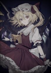 Rule 34 | 1girl, absurdres, blonde hair, collared shirt, crystal wings, dark background, expressionless, flandre scarlet, frills, hair between eyes, hat, highres, hinomiya shiyou (ly05yy), looking at viewer, medium hair, mob cap, neckerchief, open mouth, red eyes, red skirt, red vest, shirt, short sleeves, side ponytail, skirt, slit pupils, solo, touhou, vampire, vest, white shirt, wrist cuffs, yellow neckerchief