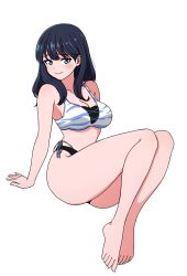 1girl animal_print bare_shoulders bikini black_hair blue_eyes breasts full_body gridman_universe hair_down highres invisible_chair kira_natto long_hair looking_at_viewer medium_breasts mismatched_bikini orange_scrunchie scrunchie side-tie_bikini_bottom simple_background sitting solo ssss.gridman swimsuit takarada_rikka tiger_print white_background
