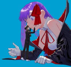 Rule 34 | 1473ex, 1boy, 1girl, bb (fate), bb (fate/extra), black hat, black jacket, black pants, blue background, blush, brown hair, closed eyes, closed mouth, collared shirt, cropped jacket, fate/extra, fate/extra ccc, fate (series), gloves, hair ribbon, hands on another&#039;s face, hat, hetero, highres, jacket, kishinami hakuno (male), light smile, long hair, looking at another, lying, mini person, miniboy, neck ribbon, on stomach, pants, peaked cap, purple eyes, purple hair, red ribbon, ribbon, shirt, short hair, simple background, sleeveless, sleeveless shirt, sweat, white gloves, white shirt, wide-eyed