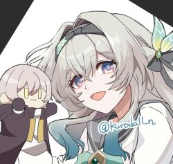 black_hairband black_ribbon blue_pupils bow bowtie caelus_(honkai:_star_rail) character_doll doll firefly_(honkai:_star_rail) firefly_(spring_missive)_(honkai:_star_rail) gradient_hair green_bow green_bowtie grey_hair grey_sailor_collar hair_between_eyes hair_intakes hair_ornament hair_ribbon hairband honkai:_star_rail honkai_(series) kuroda_11n long_hair multicolored_eyes multicolored_hair open_mouth plaid_bow plaid_bowtie plaid_clothes ribbon sailor_collar smile stuffed_toy trailblazer_(honkai:_star_rail) twitter_username two-tone_eyes