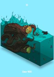 aqua_background boat clam creature day diorama dragging eel fish flying gem gozz hermit_crab highres isometric ocean open_mouth original pearl_(gemstone) shadow splashing sun tentacles watercraft yellow_eyes