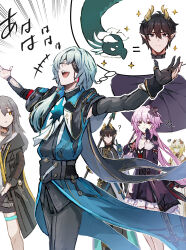 Rule 34 | 2boys, 3girls, ?, absurdres, aglaea (honkai: star rail), aqua hair, ascot, asymmetrical clothes, black corset, black dress, black gloves, black hair, black jacket, black pants, blonde hair, chain, closed eyes, closed mouth, corset, dan heng (honkai: star rail), dan heng (permansor terrae) (honkai: star rail), dragon boy, dress, earrings, empty eyes, eyepatch, gloves, green eyes, grey hair, grin, hand up, highres, honkai: star rail, honkai (series), isome, jacket, jewelry, laughing, long hair, multiple boys, multiple girls, open mouth, outstretched arms, pants, partially fingerless gloves, pink hair, red eyes, shirt, side ponytail, single earring, single glove, smile, sparkle, stelle (honkai: star rail), teeth, trailblazer (honkai: star rail), upper teeth only, walking, white ascot, white shirt