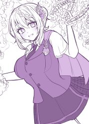 Rule 34 | 1girl, blush, braid, braided bangs, breasts, collared shirt, commentary, eyelashes, flower, hair between eyes, hair ribbon, highres, kantai collection, large breasts, looking at viewer, monochrome, nagi kantai114, necktie, open mouth, perth (kancolle), purple theme, ribbon, shirt, short sleeves, simple background, skirt, solo, symbol-only commentary, vest