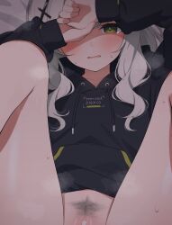 Rule 34 | 1girl, bar censor, black jacket, blue archive, blush, censored, commentary, female pubic hair, green eyes, grey hair, grey pubic hair, hair ornament, hare (blue archive), highres, jacket, kunugi miyaco, long hair, long sleeves, looking at viewer, open mouth, pubic hair, pussy, solo, sweat, tears, x hair ornament