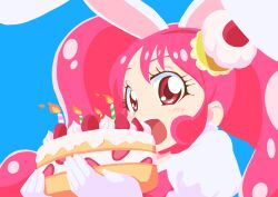 Rule 34 | 1girl, animal ears, anime coloring, big hair, birthday cake, blue background, cake, candle, commentary request, cure whip, earrings, eating, eyelashes, fire, floppy ears, food, food-themed hair ornament, fruit, gloves, hair ornament, hairband, highres, holding, holding food, jewelry, kagekaku, kirakira precure a la mode, light blush, long hair, looking at food, no lineart, open mouth, pink eyes, pink hair, pink hairband, pom pom (clothes), pom pom earrings, precure, rabbit ears, rabbit girl, simple background, solo, strawberry, strawberry shortcake, tareme, teeth, twintails, upper body, upper teeth only, usami ichika, very long hair, white gloves