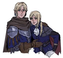 1boy 1girl armor ascot bent_over black_cape blonde_hair blue_eyes blue_shirt brother_and_sister brown_gloves cape capelet chocytd cropped_torso duchess_(elden_ring) earrings elden_ring elden_ring_nightreign gloves highres jewelry leaning_forward long_sleeves looking_at_viewer shirt short_hair siblings smile white_ascot white_background white_gloves wylder_(elden_ring)
