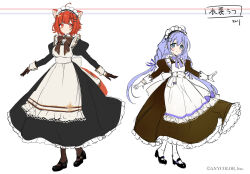 Rule 34 | 2girls, ahoge, alternate costume, apron, black dress, black gloves, black shoes, blue eyes, bow, bowtie, braid, brown bow, brown bowtie, brown dress, brown pantyhose, center-flap bangs, closed mouth, copyright notice, cuff links, dress, enmaided, frilled dress, frilled gloves, frills, gloves, hair between eyes, hair bow, hair ornament, hairclip, height difference, juliet sleeves, lace-trimmed apron, lace trim, long dress, long hair, long sleeves, looking at viewer, maid, maid apron, maid headdress, mary janes, matori (penguin batake), multiple girls, nijisanji, official art, orange eyes, orange hair, outstretched arms, pantyhose, puffy sleeves, purple bow, purple bowtie, purple hair, ratna petit, red panda ears, red panda girl, red panda tail, reference sheet, shoes, short hair, side-by-side, smile, standing, twin braids, very long hair, virtual youtuber, wallet chain, white apron, white background, white gloves, white pantyhose, x hair ornament, yuuki chihiro