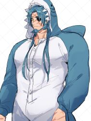 Rule 34 | 1boy, absurdres, animal costume, bara, blue hair, buttons, closed eyes, closed mouth, commentary request, eyepatch, hagiography, highres, live a hero, long hair, long sleeves, male focus, scar, scar on arm, scar on face, shark costume, shidemasu (live a hero), solo, white background