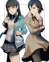 2girls 4me3ba_niku blue_jacket brown_coat coat highres hiromine_yoko isonokami_tao jacket long_hair looking_at_viewer multiple_girls open_clothes open_jacket school_uniform shin_megami_tensei shin_megami_tensei_v shin_megami_tensei_v:_vengeance short_hair skirt smile white_background